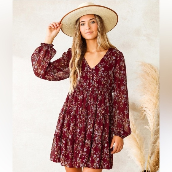 Inspired Hearts Dresses & Skirts - Inspired Hearts Floral Tiered Babydoll Dress Floral Long Sleeve Dress 🆕